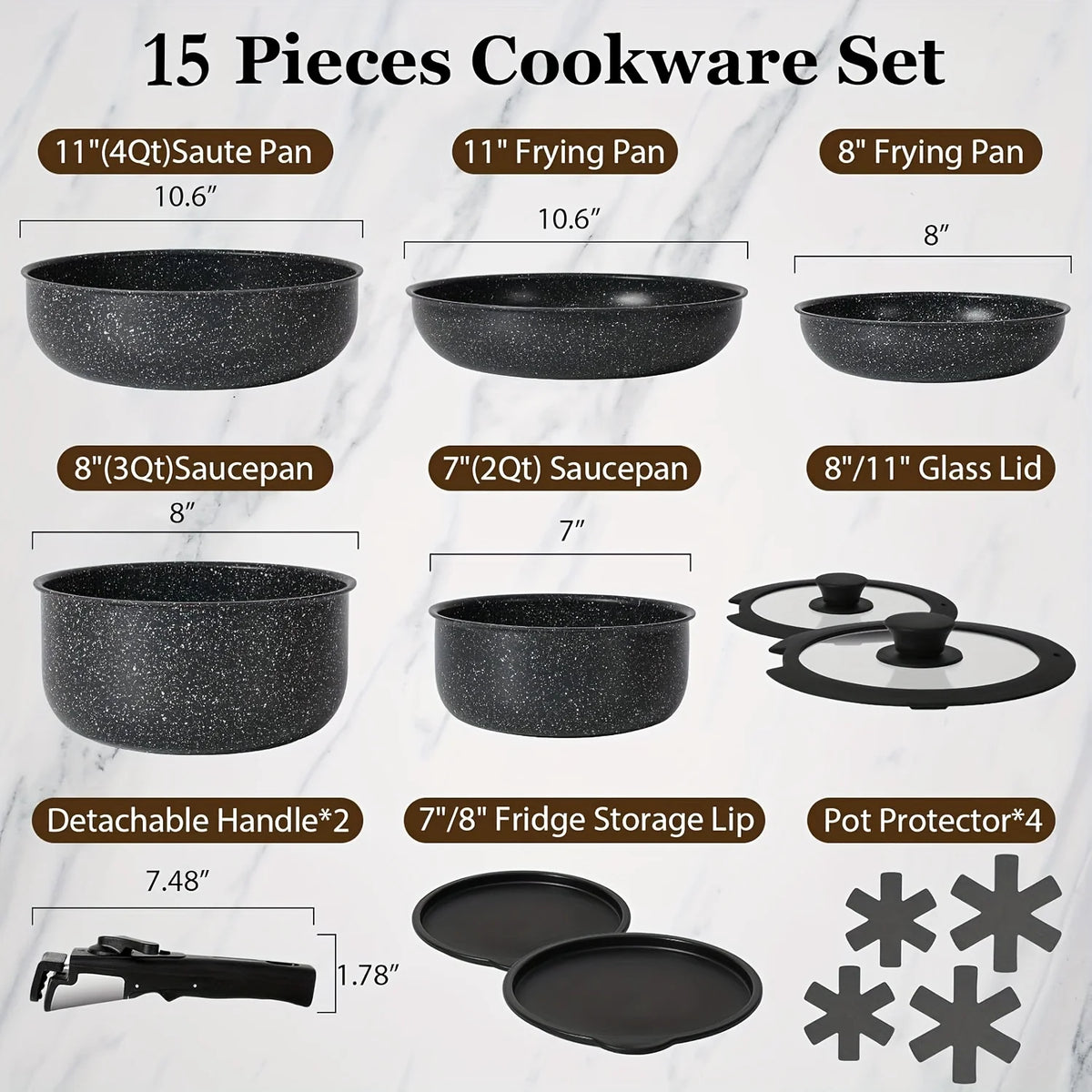 15pcs Pots And Pans Set Non Stick, Cookware Sets With Detachable Handle, Nonstick RV Kitchen Cooking Set Removable Handles,