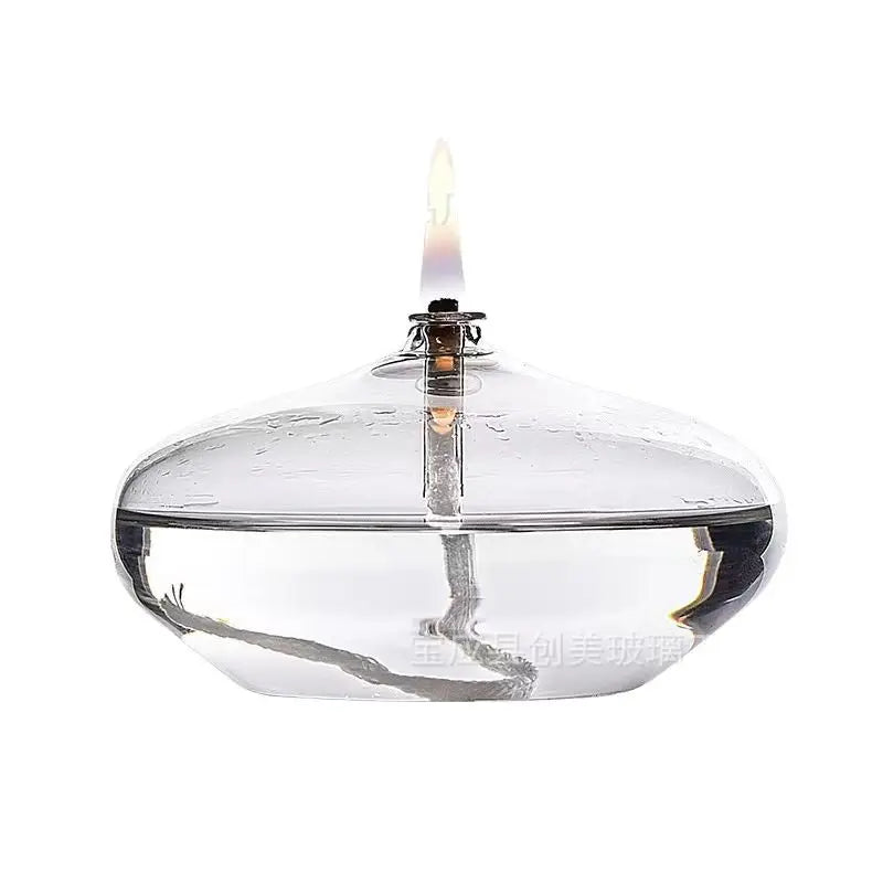 Handcrafted Flat Transparent Glass Candle Holder Oil Lamp，With a light core，Can be used as table candles，Christmas home decor at