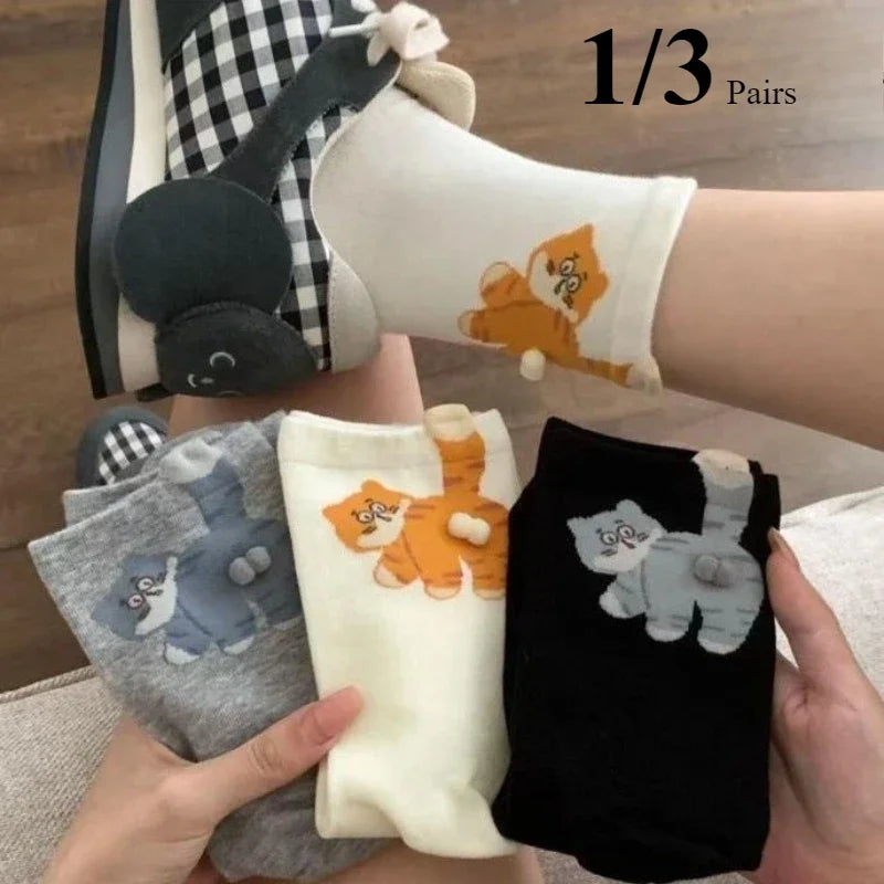 1/3 Pair Three-Dimensional Cat Printed Men female Mid Tube Socks Soft Comfortable Sweat Absorbing Breathable Casual Couples Sock