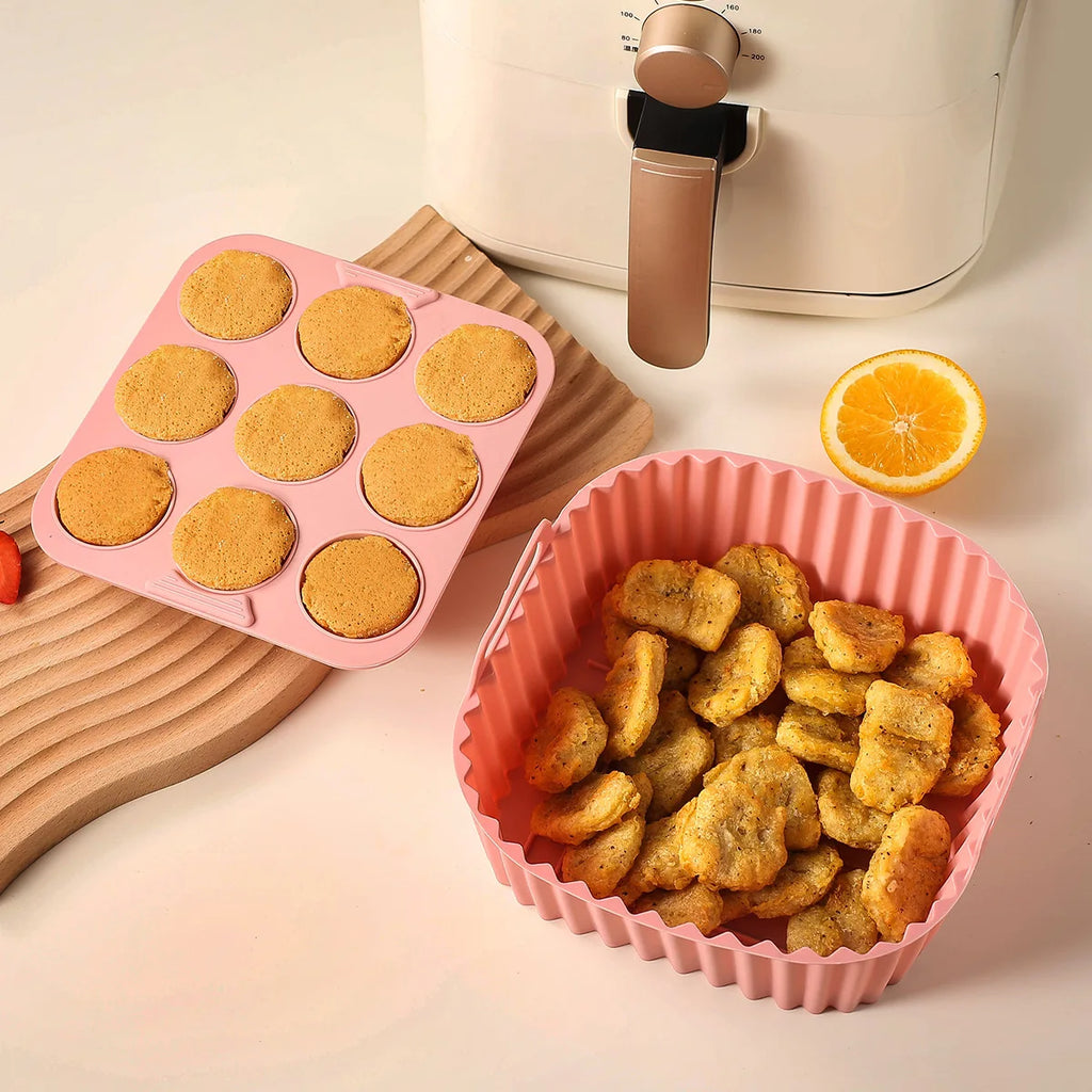 2pcs Silicone Air Fryer Liners & Muffin Pan Set Reusable Baking Trays Non-Stick Cupcake Molds for Airfryer Cooking Kitchen Tools