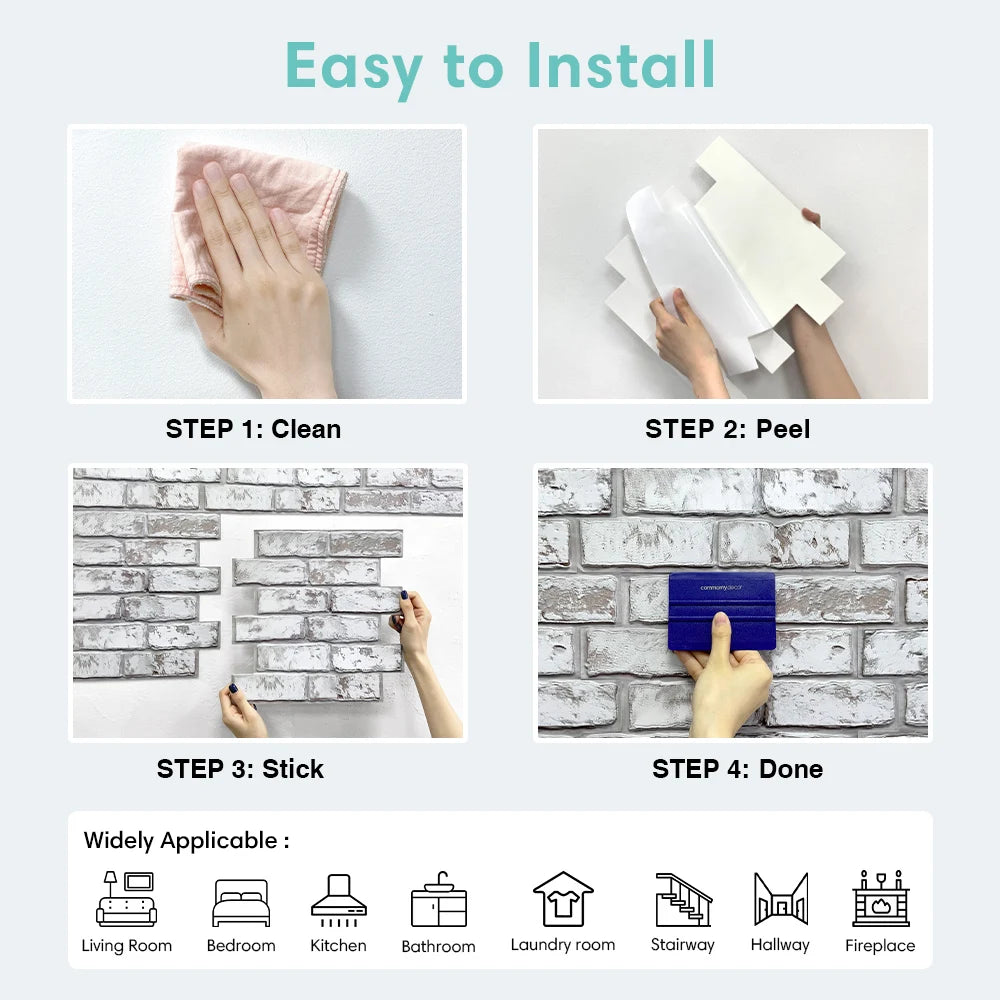 3D Tile Stickers, 3D Whitewash Brick Textures, Matte, 30cm X 30cm, Water and Mold Resistant, for Living Room Kitchen Wall Update