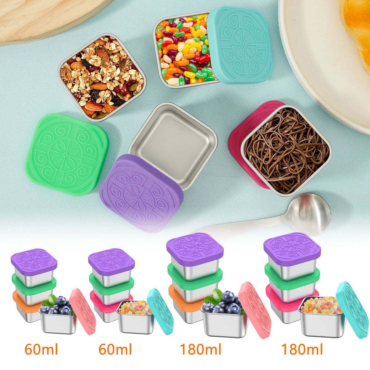 4Pcs 2/6oz Snack Container Stainless Steel Salad Box with Silicone Lids Leakproof Portable Stackable Dressing Food Storage Box